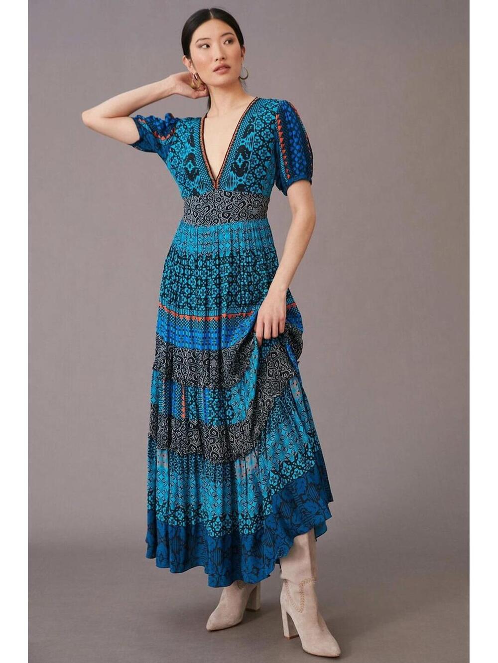 Anthropologie x Bahnuni - Blue Patterned Maxi Dress, V-Neck, size 12